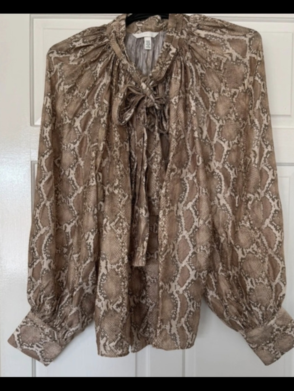 H&M Brown Snake-Print Tie-Neck Blouse